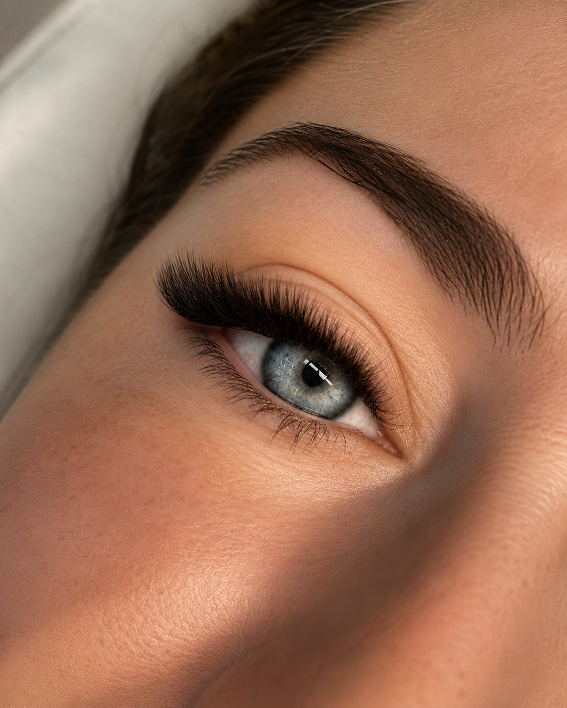 Close-up of a blue eye with custom lash extensions